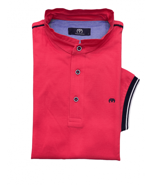 Mao t-shirt in coral color with blue rally on the shoulders Makis Tselios SHORT SLEEVE POLO 