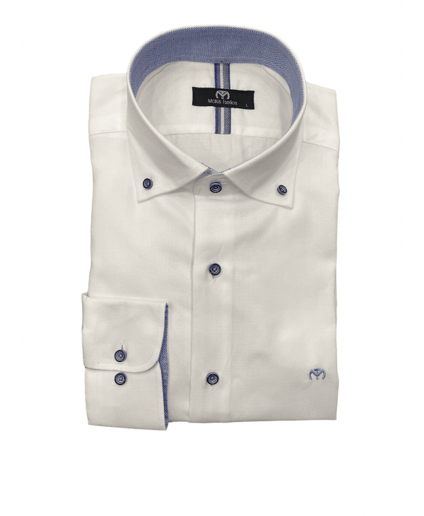 Makis Tselios white monochrome shirt with two-tone button and special rail on the flap MAKIS TSELIOS SHIRTS