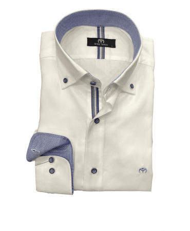 Makis Tselios white monochrome shirt with two-tone button and special rail on the flap