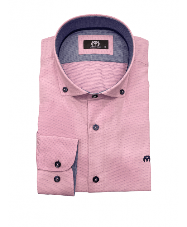 Makis Tselios shirt pink polka dots with blue trim and buttons MAKIS TSELIOS SHIRTS