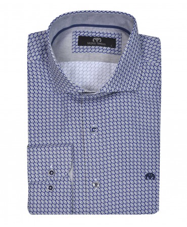 Makis Tselios shirt with geometric gray design on a blue base
