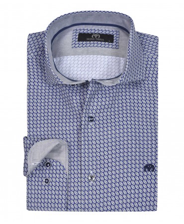 Makis Tselios shirt with geometric gray design on a blue base