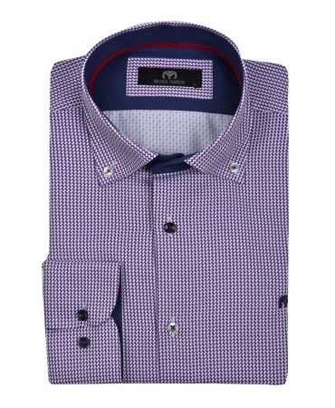Makis Tselios shirt on white base with red and blue design.