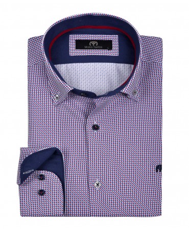 Makis Tselios shirt on white base with red and blue design.