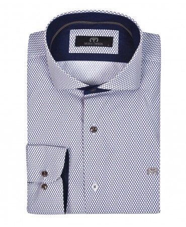 Makis Tselios shirt with blue geometric pattern on white base