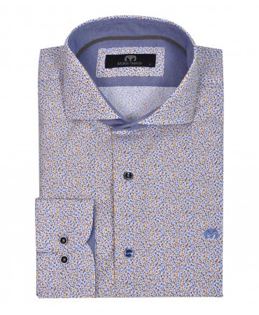 Makis Tselios printed shirt on white base with yellow and blue flower as well as blue trim