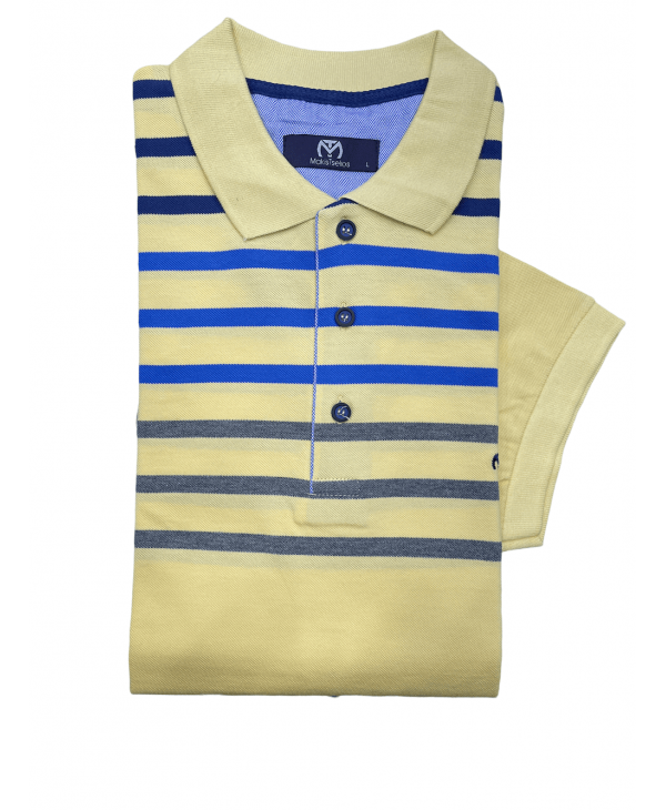 Makis Tselios Polo yellow with blue, rouge and gray stripes SHORT SLEEVE POLO 