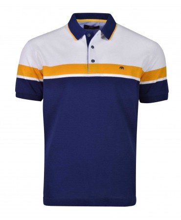 Makis Tselios polo blue with white and yellow in a special knit
