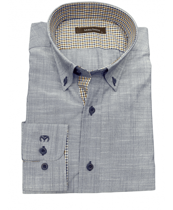 Makis Tselios Monochrome Shirt in Light Blue with Plaid Brown Finish OFFERS