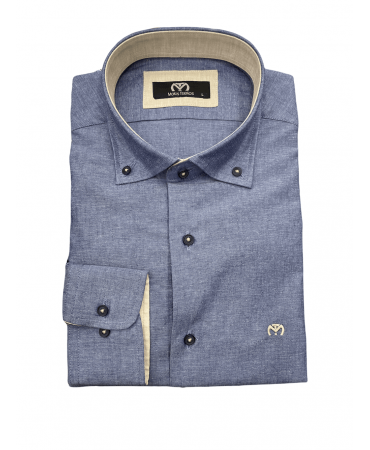 Makis Tselios cotton shirt with linen monochrome blue with off-white finishes