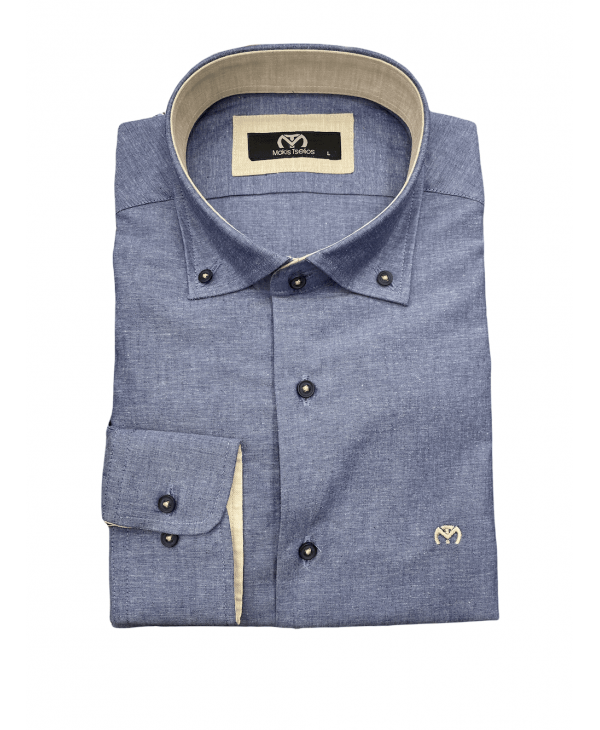Makis Tselios cotton shirt with linen monochrome blue with off-white finishes MAKIS TSELIOS SHIRTS