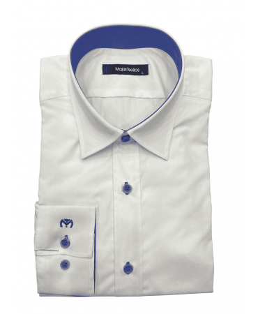 Makis Tselios White Shirt with Inner Collar, Cuff and Pattern in Roua Color As well as Blue Buttons