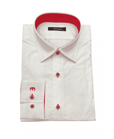 Makis Tselios White Shirt with Inner Collar, Cuff and Sleeve in Red Color