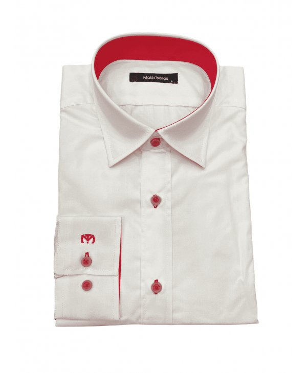 Makis Tselios White Shirt with Inner Collar, Cuff and Sleeve in Red Color OFFERS