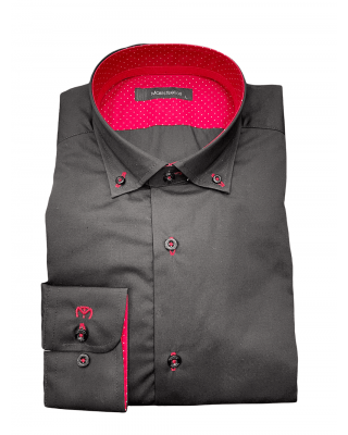 Makis Tselios Shirt with Button on Collar on Black Base and Polka Dot Red Finishes