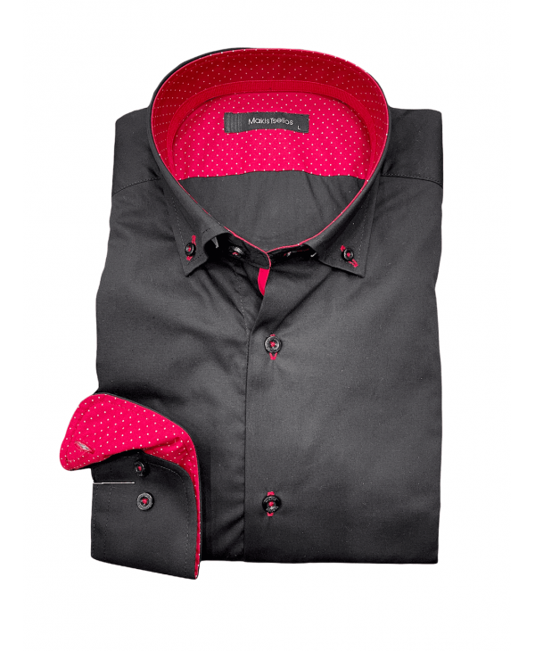 Makis Tselios Shirt with Button on Collar on Black Base and Polka Dot Red Finishes OFFERS