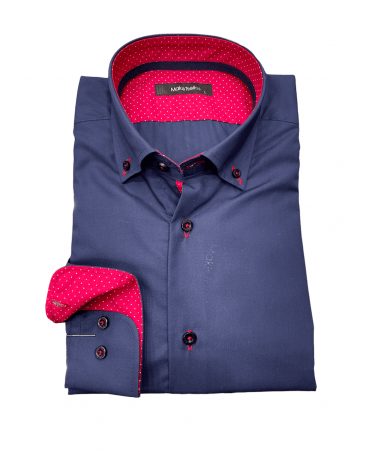 Makis Tselios Shirt Button Down on Blue Base with Dot and Red Finishes