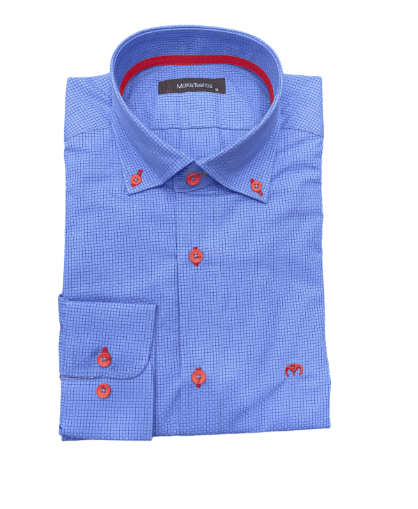 Small Plaid Shirt Men Makis Tselios in Blue Base with Red Buttons OFFERS