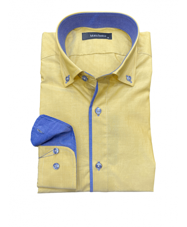 Makis Tselios Mustard Shirt with Outer Half Pattern Ruff As well as Blue Buttons OFFERS