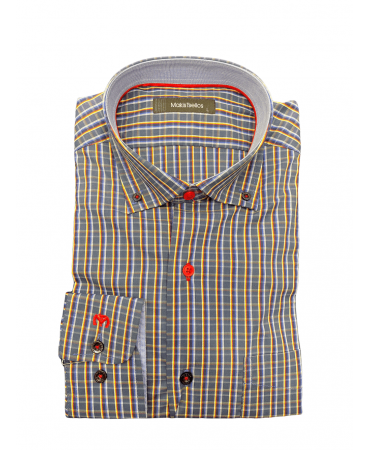 Makis Tselios Plaid Shirts Blue, Yellow and Red on a Blue Base with Half Sleeve Red