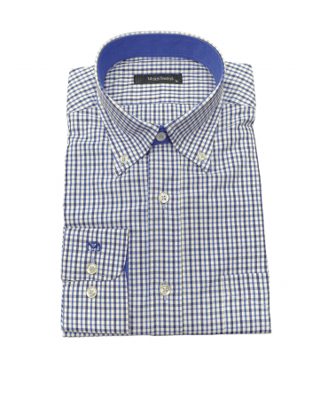 Makis Tselios Shirt Button Down with Checkered Pocket Blue