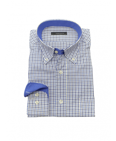 Makis Tselios Shirt Button Down with Checkered Pocket Blue