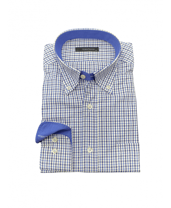 Makis Tselios Shirt Button Down with Checkered Pocket Blue OFFERS