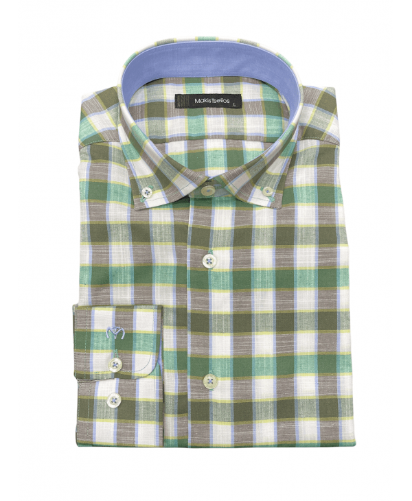 Makis Tselios Shirt in Green, Beige and White Plaid with Inner Cuff Collar and Lace in Blue OFFERS