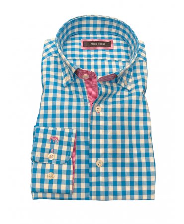 Makis Tselios Shirt Custom Fit in Turquoise Plaid with PtiCaro Red Finishes