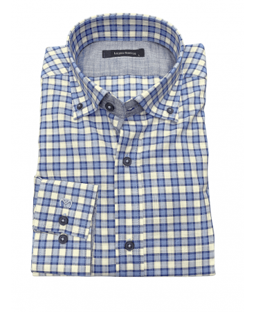 Makis Tselios Plaid Blue Shirt with White on 100% Cotton