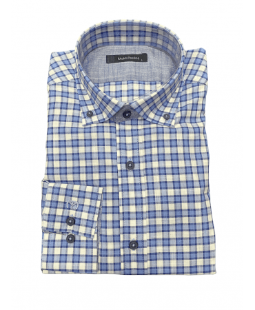 Makis Tselios Plaid Blue Shirt with White on 100% Cotton