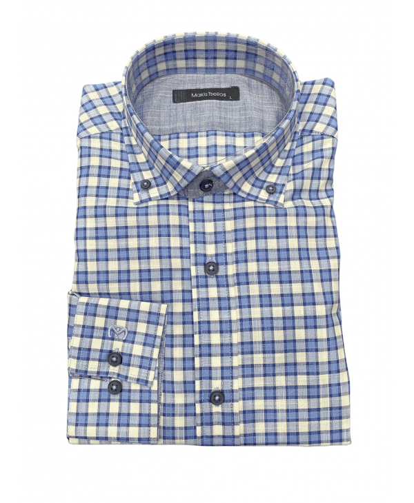Makis Tselios Plaid Blue Shirt with White on 100% Cotton OFFERS