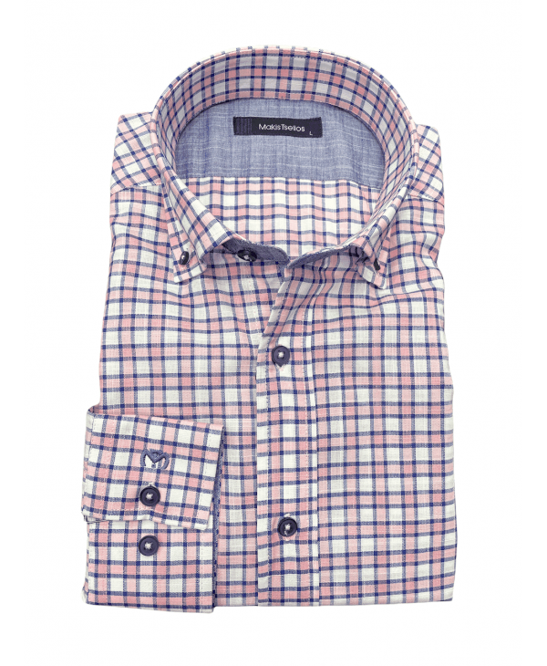 Makis Tselios Plaid Pink Shirt with White on 100% Cotton and Inner Blue Lace OFFERS