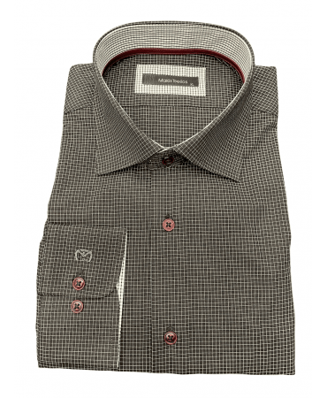 Shirt on a black base with a small white cart and burgundy tress inside the collar