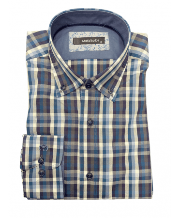 Plaid Cellos Shirt in Petrol Base with White, Gray and Blue