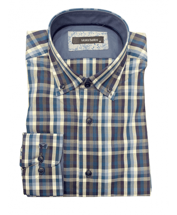 Plaid Cellos Shirt in Petrol Base with White, Gray and Blue OFFERS