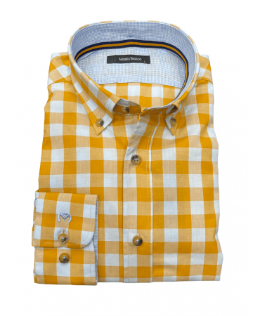 Makis Tselios Plaid Shirt on White Base with Yellow Plaid and Inner Finishes Blue