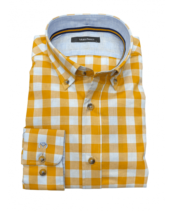 Makis Tselios Plaid Shirt on White Base with Yellow Plaid and Inner Finishes Blue OFFERS