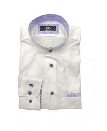 Makis Tselios mao white shirt with printed blue trim
