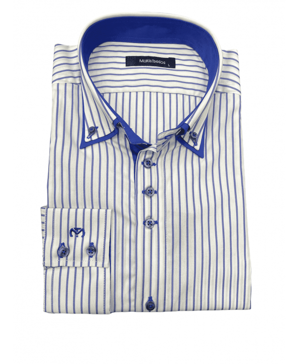 Makis Tselios Shirt Custom Fit Striped Blue on a White Base OFFERS