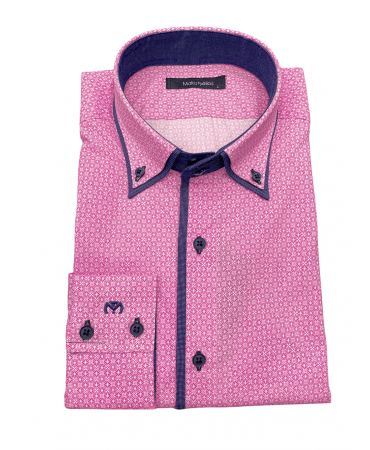 Makis Tselios Shirt with White Miniature in Pink Base and Double Collar in Blue
