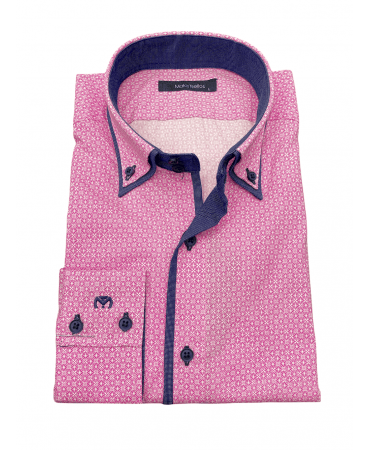 Makis Tselios Shirt with White Miniature in Pink Base and Double Collar in Blue
