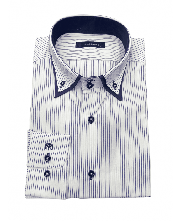 Cotton Shirt Makis Tselios Striped Blue on White Base with Double Collar OFFERS