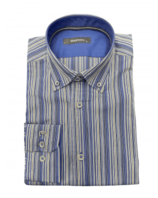 Striped Makis Tselios Shirt in Blue Beige and Gray with Blue Finish