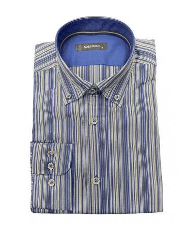 Striped Makis Tselios Shirt in Blue Beige and Gray with Blue Finish