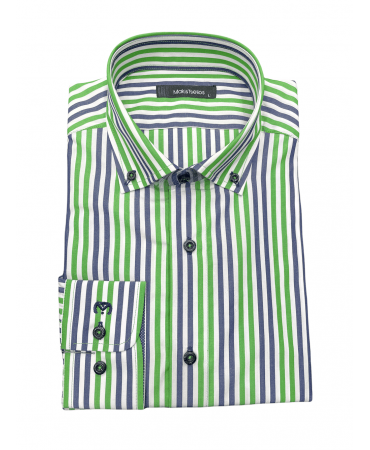 Makis Tselios shirt on white base with green and blue stripe
