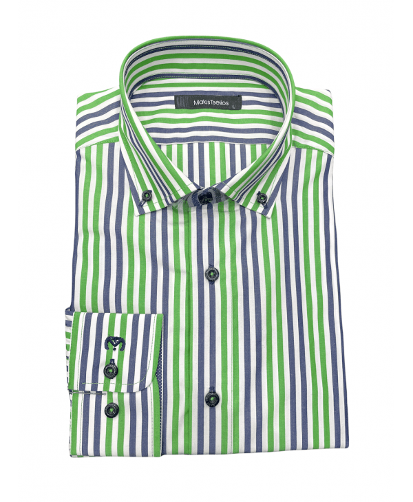 Makis Tselios shirt on white base with green and blue stripe OFFERS