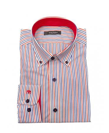 Makis Tselios Shirt Button Down Striped Blue Red on White Base with Red Finishes