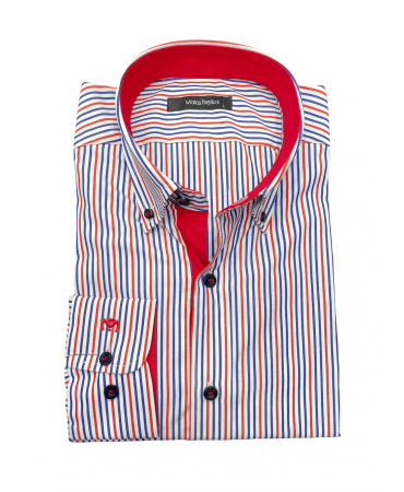 Makis Tselios Shirt Button Down Striped Blue Red on White Base with Red Finishes