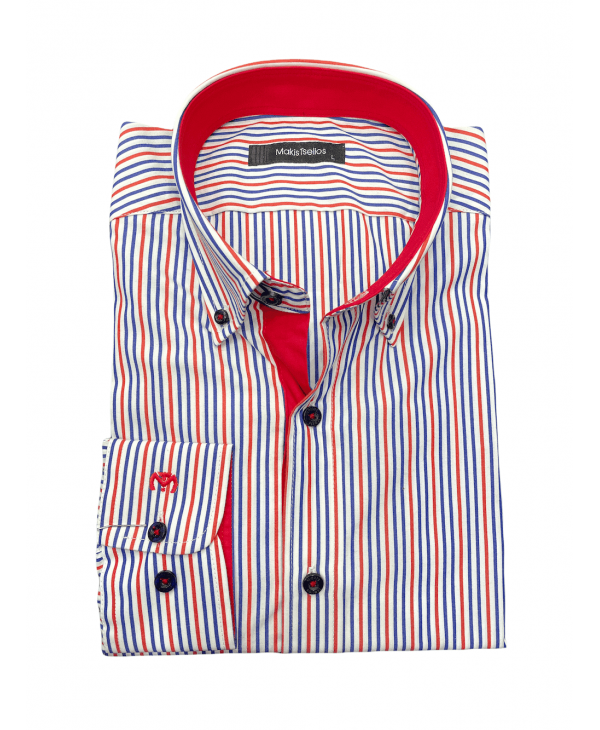 Makis Tselios Shirt Button Down Striped Blue Red on White Base with Red Finishes OFFERS